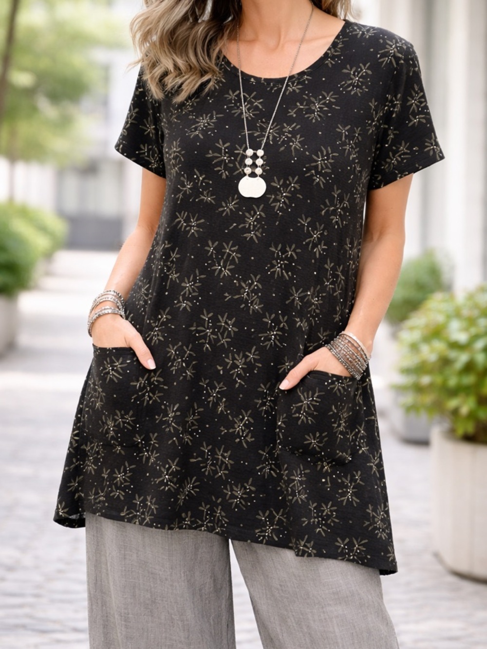 NEW Gudrun Sjoden Hassel Tunic 100% Linen Floral Short Sleeves, Size Large (L)